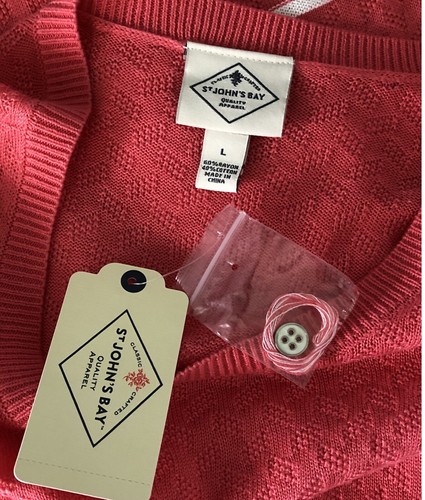 NWT St Johns Bay Sweater L Coral/wht Stripe Rayon Knit Button Accent Longsleeve - Picture 5 of 7