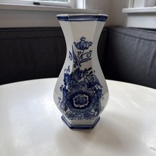Dutch Delft Holland Handpainted Blue White Floral Hexagon Porcelain Vase 8 Inch