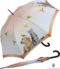 Regenschirm Damen Stockschirm Automatik groß beige Hund Katze Vögel UV-Schutz