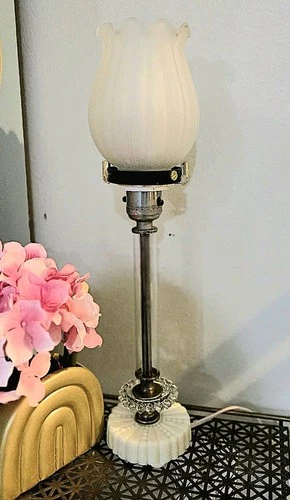 Vintage Clear & Milk Glass Art Deco Table Lamp Base With Glass Globe New Wiring