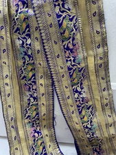 Antique Vintage Purple Heavy Silk Brocade Ribbon Silver Metal Thread 5”x 54”