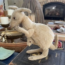 Steiff Kangaroo with Joey 1930s FF Button Mohair Stuffed Animal Swivel Head