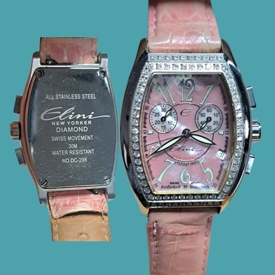 Elini New Yorker Watch DC-298 1ct Diamond Swiss MOP Dial Leather Strap  Stainless