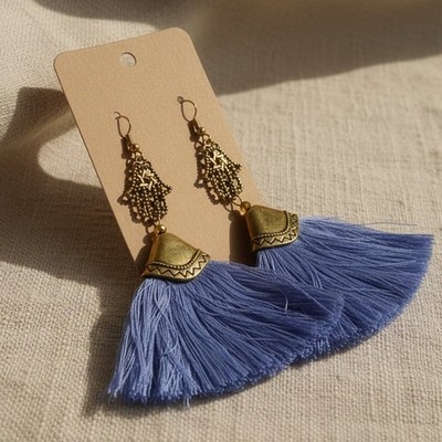 New Handmade Hamsa Hand - Blue Thread Tassel Fan Earrings