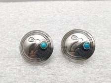 Vtg Native American Mimbres Jack Rabbit Sterl Silver Turquoise  Earrings 3/4"