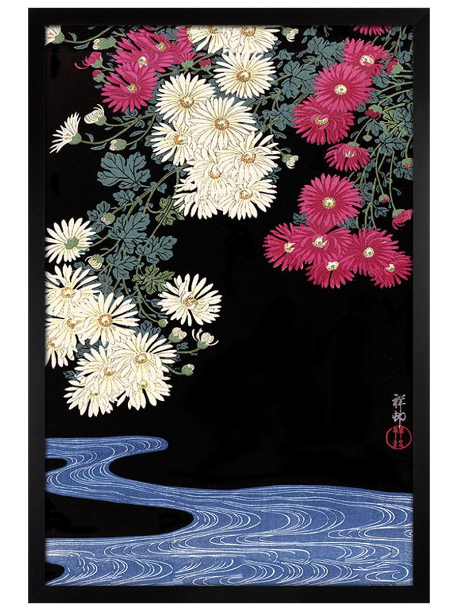 Black Wooden Framed Ohara Koson Chrysanthemum and Running Water Maxi Poster