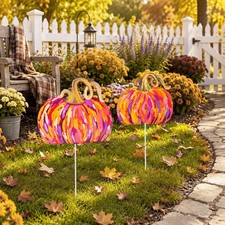 2 Pcs Fall Watercolor Metal Pumpkin Yard Stakes 2 Sizes Rustic Pumpkin Iron Sign