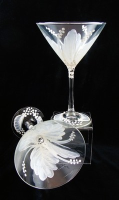 Set Of 2 Hand Painted Martini Glasses- Simple Petals Design - Pearl White