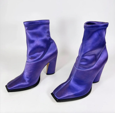 Jimmy Choo Mica Blue Satin Closed Square Toe Sock Boots 7.5 US | IT 37.5