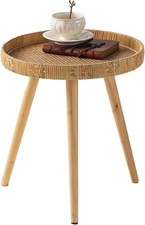Round Side Table, Boho Circle End Table Coffee Table with Solid Wood Leg,