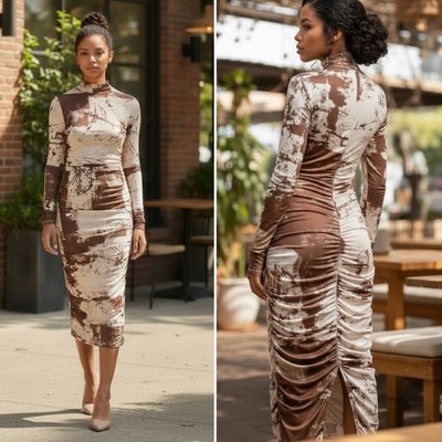 mesh ruched mock neck midi dress Wholesale Plus Mock Neck Long Sleeve Mesh Ruched Midi Dress for your store