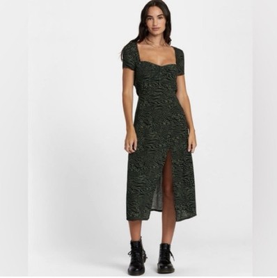 RVCA Women s Size Small Secrets Dress Midi Side Slit Green Black Cheetah New