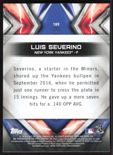 2017 Topps Fire Gold geprägte Luis Severino Baseballkarte #189 - New York Yankees - Bild 2 von 2