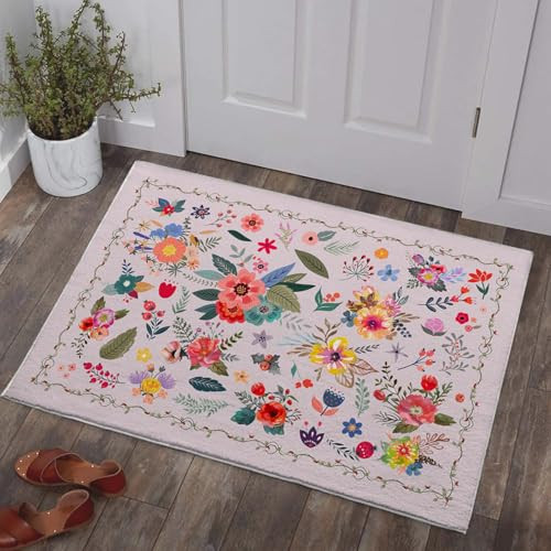 Door Mat Indoor Entrance Boho Floral Rugs Flower Machine Washable Soft Rug - Picture 1 of 6