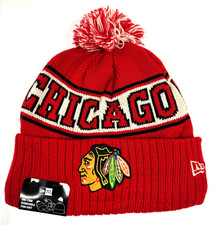 Chicago Blackhawks NHL NE Retro Cuffed Knit Hat With Pom ~ Red
