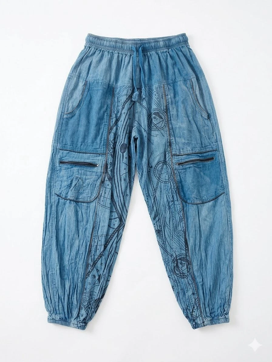 Boho Nepal Cotton Harem Cargo Pants L/XL Sacred Geometry Blue Stonewashed Hippie
