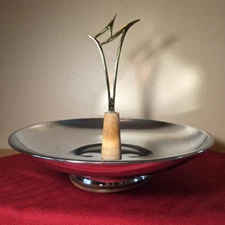 Vintage MCM Kromex Chrome Wood Atomic Starburst Serving Bowl Platter Pedestal 