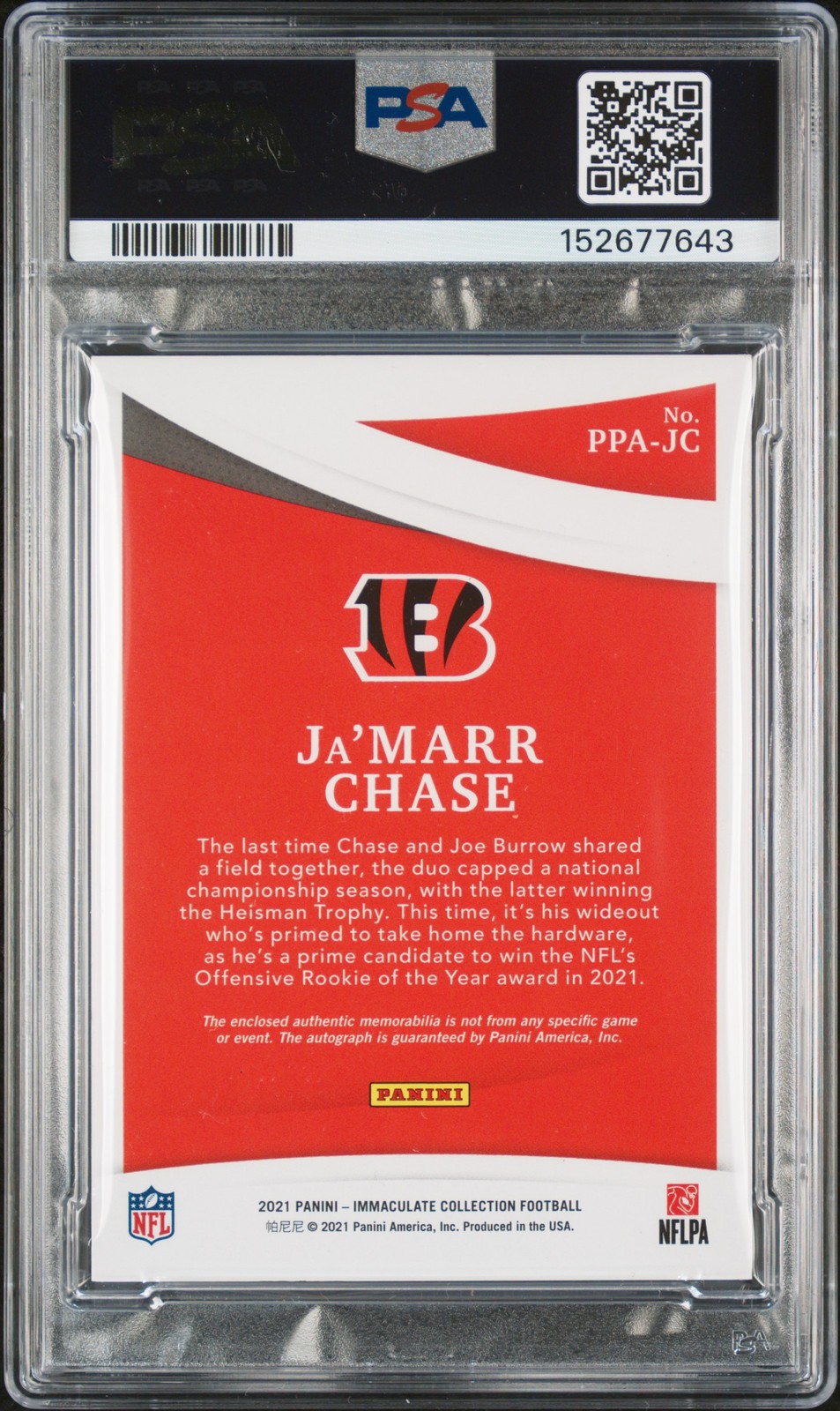 2021 PANINI IMMACULATE COLLECTION GOLD #PPAJC JA'MARR CHASE 13/25 PSA 9 AUTO 10 view 2