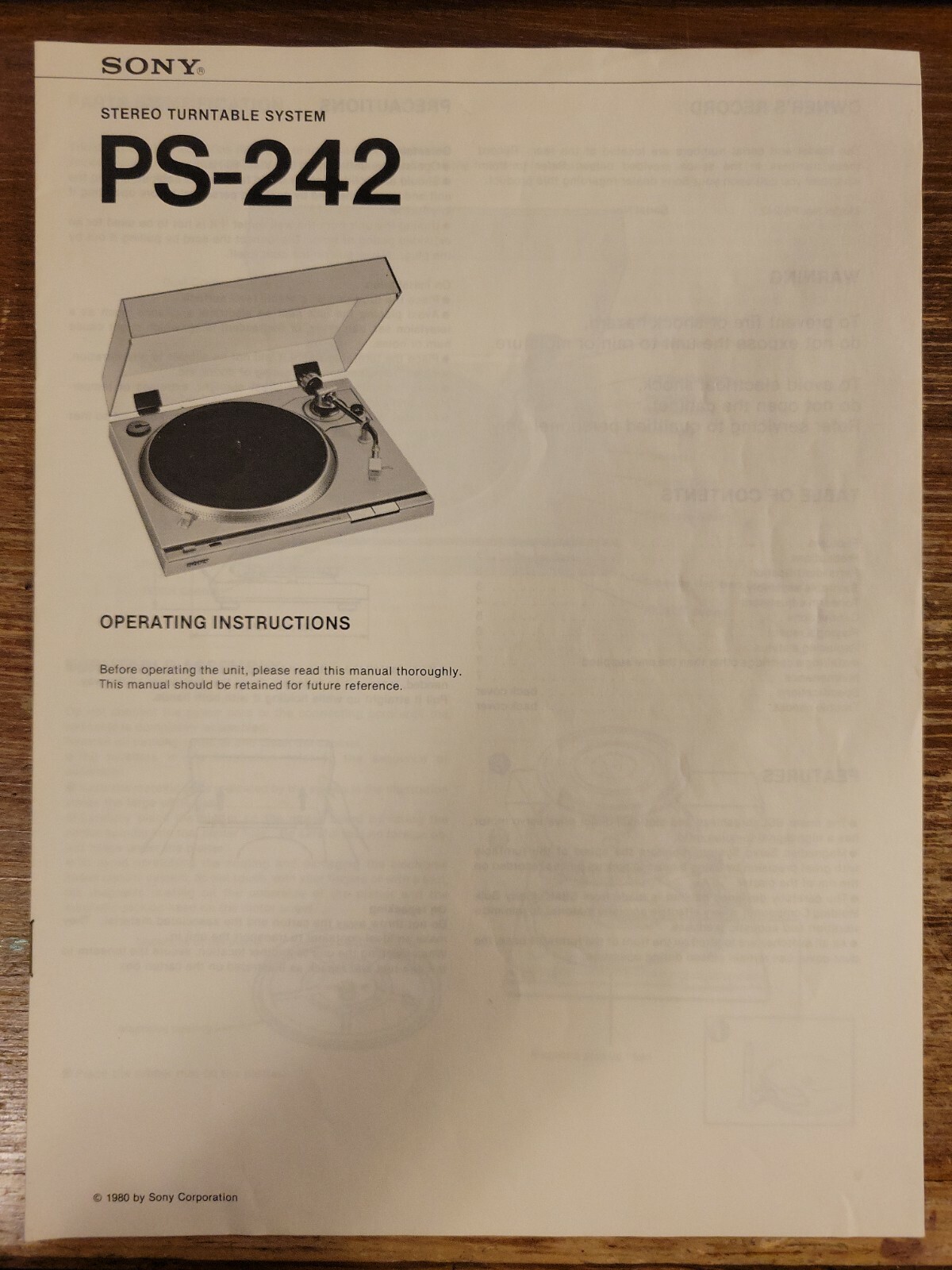Sony Stereo Turntable System PS242 Operating Instructions, Reg Card