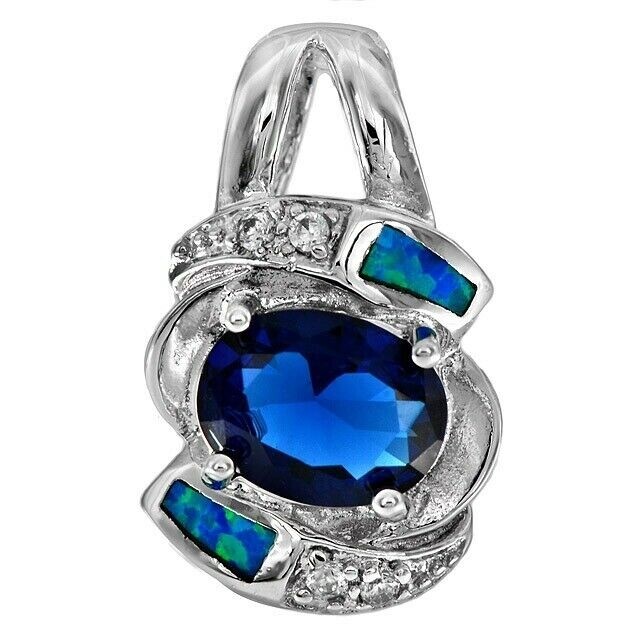 2CT Treated Blue Sapphire with Australian Opal Inlay in 925 Sterling Silver Pendant