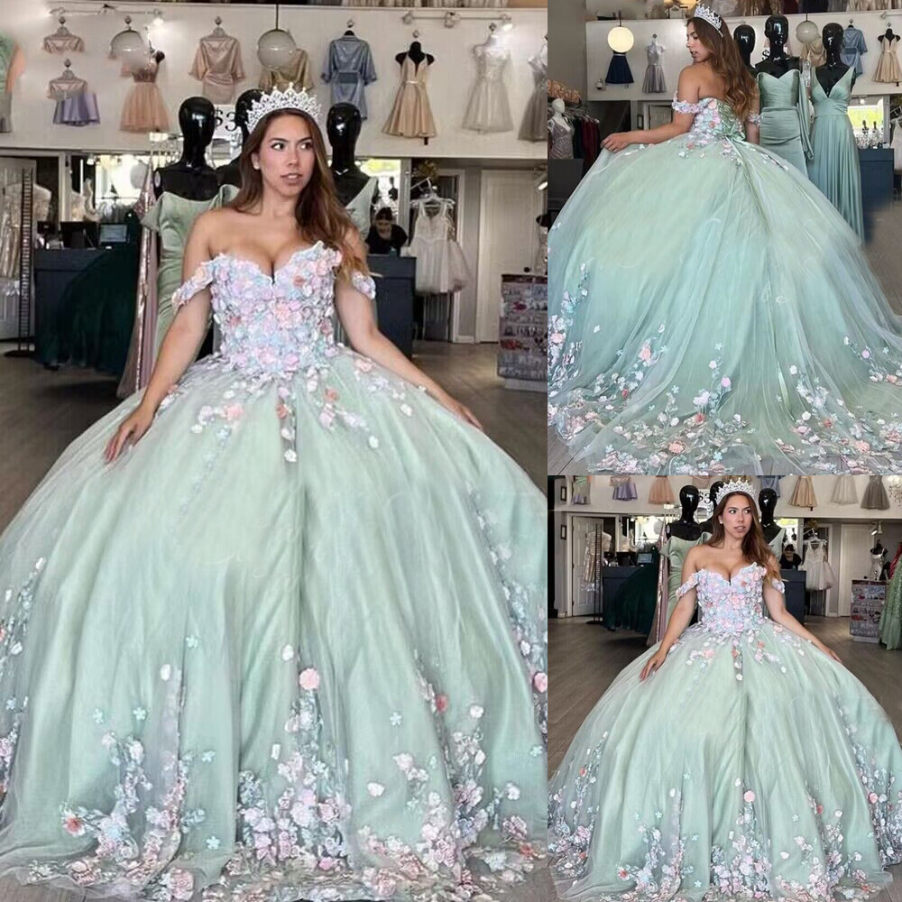 Sage Green Quinceanera Dresses Flowers 3D Flowers Sweet 15 16 Party