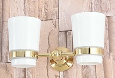 Gold Toothbrush Tumbler Holder with Ceramic Cup Wall Mounted Bathroom Accessory