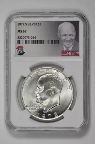 1972 S $1 Silver Eisenhower Dollar NGC MS 67 with Exclusive Label and New Holder