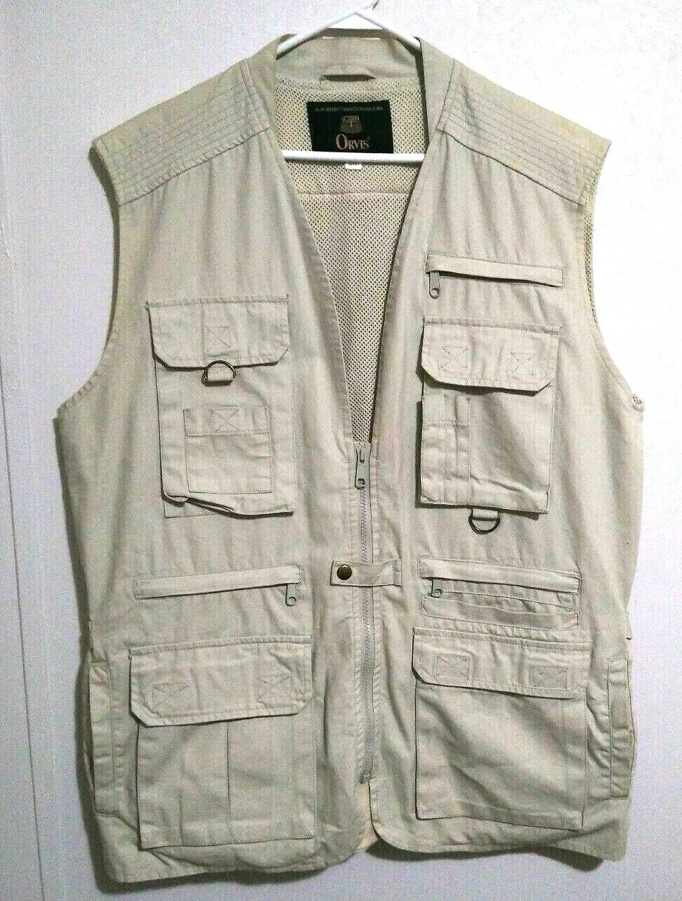 Orvis Men's Fishing Vest Multipocket Utility Safari Tan Mesh Lining Vented Large