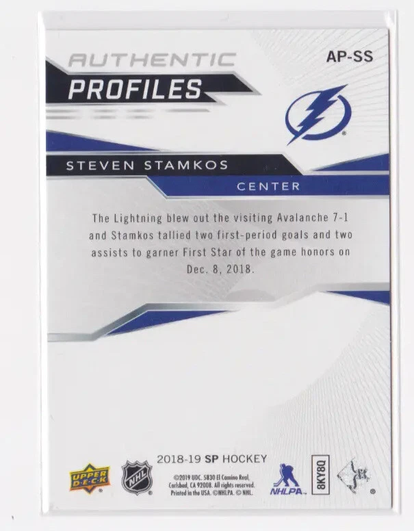 2018-19 SP HOCKEY AUTHENTIC PROFILES BLUE INSERT STEVEN STAMKOS #AP-SS LIGHTNING - Image 2 of 2