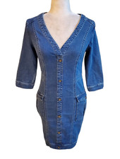 Fashion Nova blue Denim Stretch Bodycon V- neck Dress Back zipper Size M 