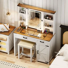 Makeup Vanity Desk with LED Mirror Lights, Dressing Table with Charging Station