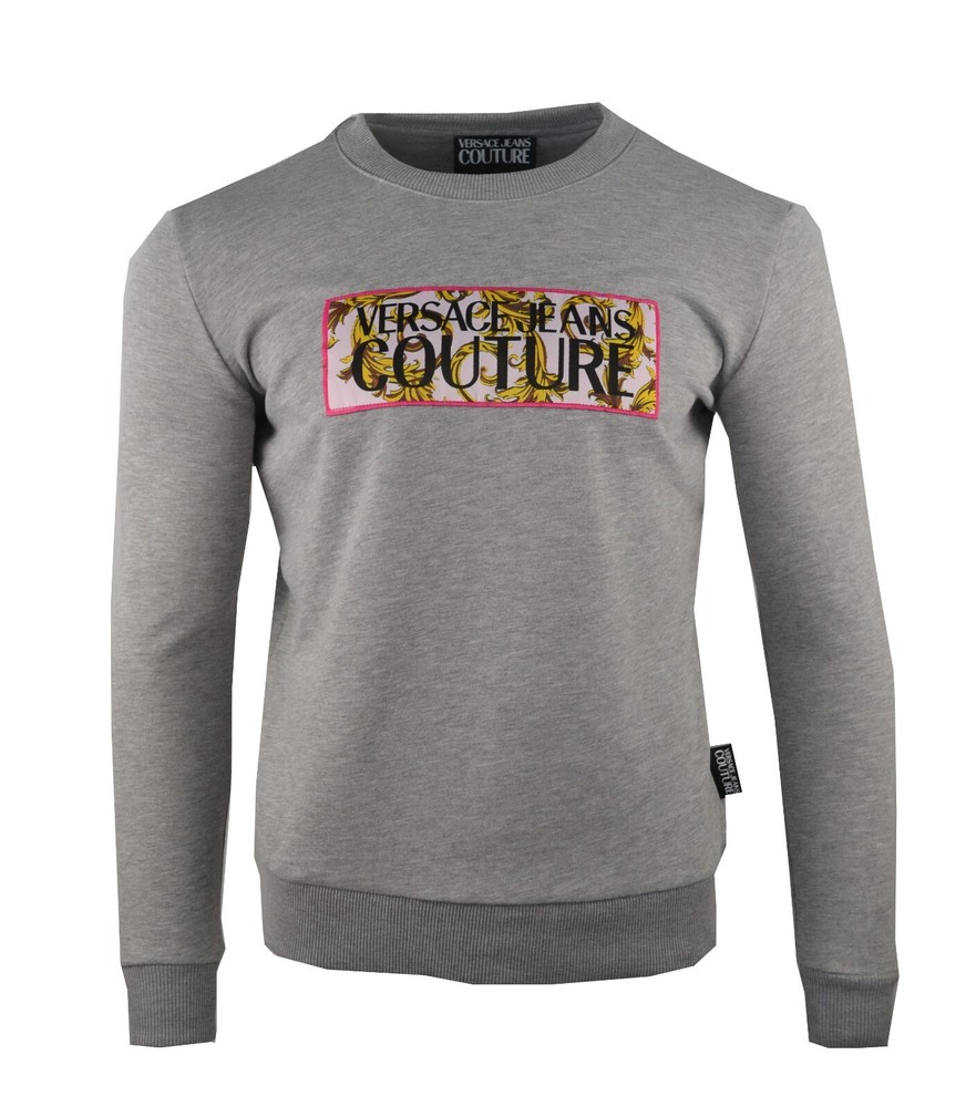 VERSACE JEANS COUTURE GREY RECTANGLE LOGO PATCH SWEATSHIRT JUMPER PINK GOLD RARE