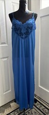 Vintage Royal Blue Nightgown Lace Bodice Sleeveless Long Silky Nylon Large