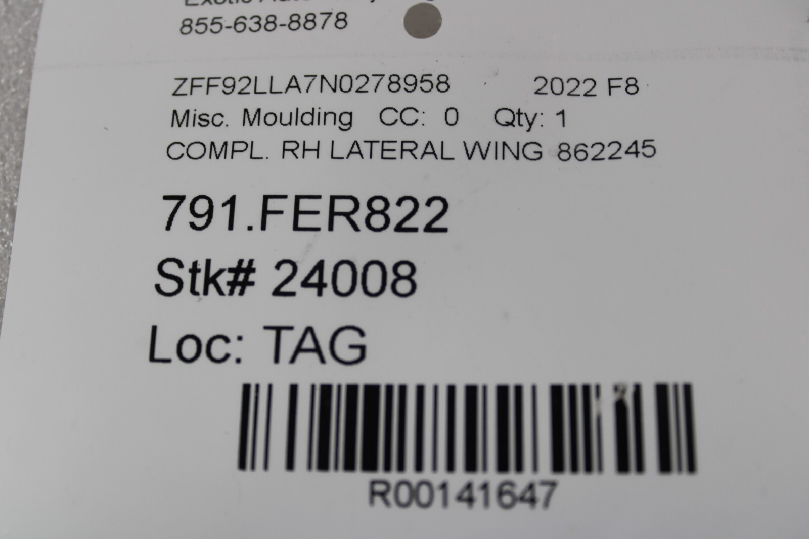 Ferrari F8 Tributo, RH, Right, Lateral Wing, Used, P/N 862245