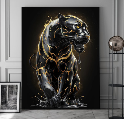 XXL LEINWAND BILD BIS 160x120x5 BLACK PANTHER SCHWARZ-GOLD MODERN TIERE WANDBILD
