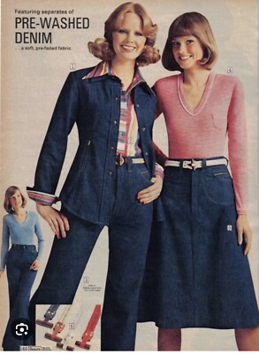 Vintage 70s Denim Bell Bottom Set Jacket Pants Sears JR Bazaar Piece,  S/M