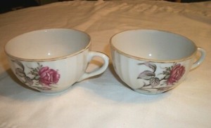 Two Bone China Cups  Red Rose & Rose Bud on Front -Gold on Edge and Handle-Japan