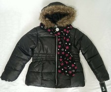 S Rothschild black faux fur trim hooded big girls puffer jacket with scarf M 10