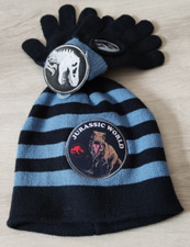 JURASSIC WORLD  2 Teile M&uuml;tze &  Handschuhe Winterset blau  gestreift NEU