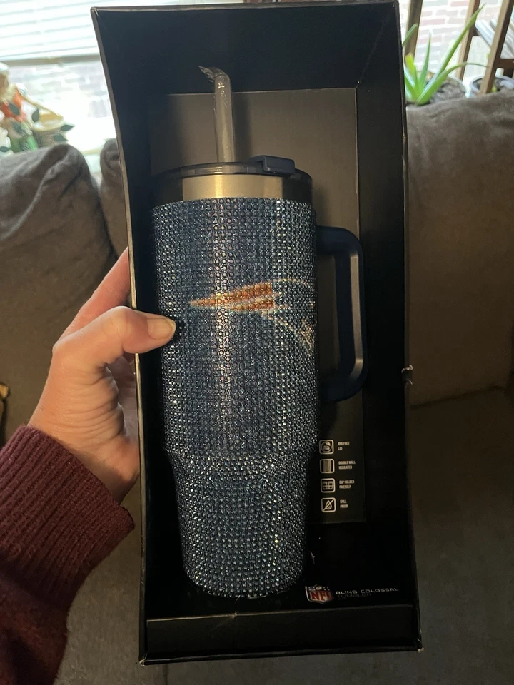 New, NFL New England Patriots Blue Rhinestone BLING COLOSSAL 46OZ TUMBLER 2024 - Image 2 of 4