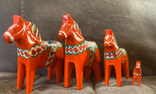 4  Vintage Swedish Nils Olsson Dala Wood Horses Hand Painted with Labels