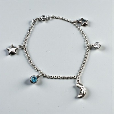 Sterling Silber Himmlisches Bettelarmband Mond Stern Kristall 925 Rolo Kette 7,5''