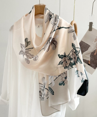 100% Silk Mulberry 170X53cm Scarf Women Neckerchief Wrap Grey Lily Print new