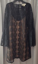 Michael Kors Black Lace Long Bell Sleeve Dress Knee Length Tan Slip EUC Large