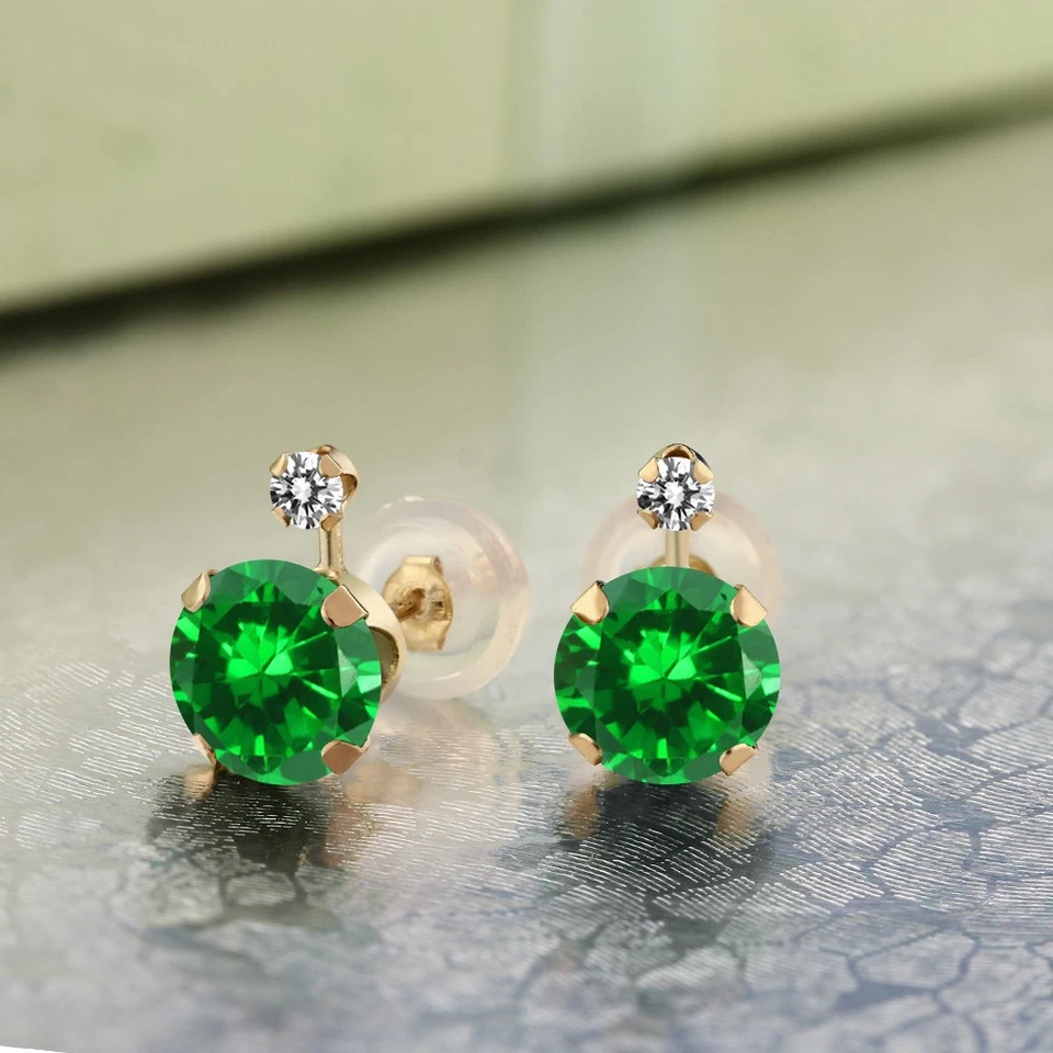 2.06 Ct 6MM Round Green Simulated Emerald White Diamond 14K Yellow Gold Earrings - Image 3 of 3
