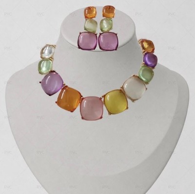 Zara Boho Multicolor Resin Chunky Statement Necklace Earrings Set Women NEW