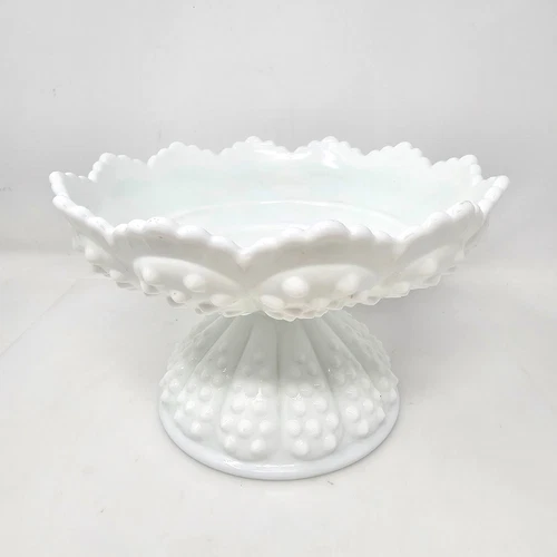 Vintage Large Fenton White Milk Glass Hobnail 11” Ruffled Bowl Pedestal Compote