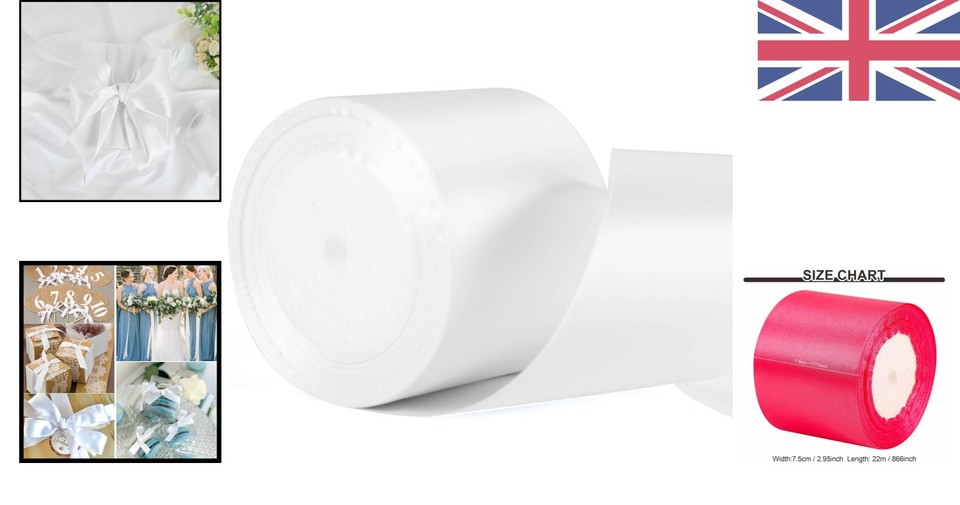 22m Long Thick White Satin Ribbon - 75mm Width for Elegant Gift ...