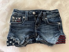 MISS ME GIRLS SIZE 8 BLUE DENIM STUDDED Stretchy DISTRESSED SHORTS American Flag