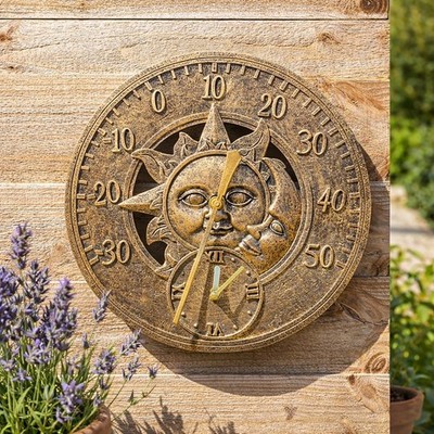 30cm Vintage Sun And Moon Wall Clock Thermometer Garden Weather Station Outdoor